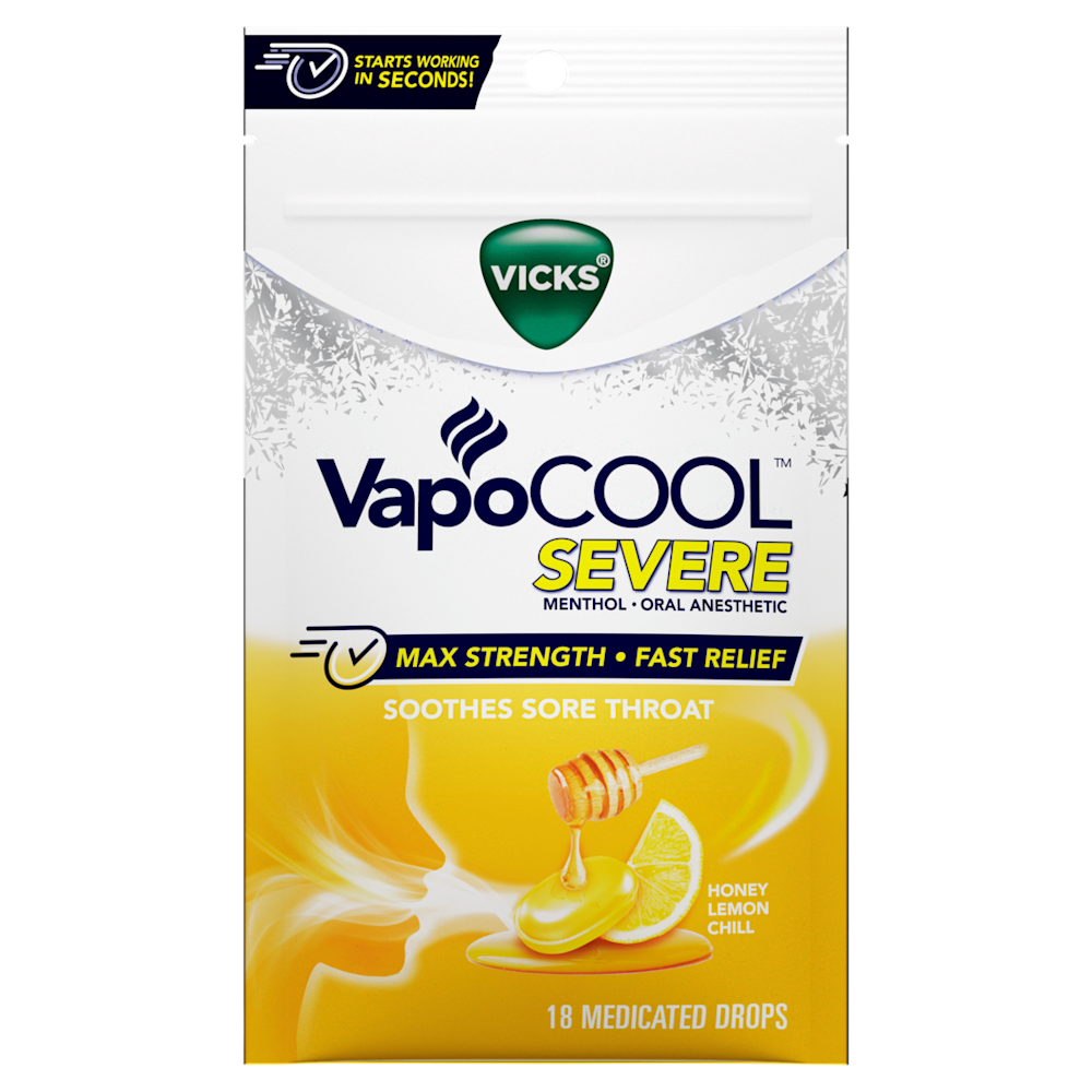 Vicks VapoCOOL SEVERE drops package in honey lemon flavor, featuring max strength relief for sore throats.