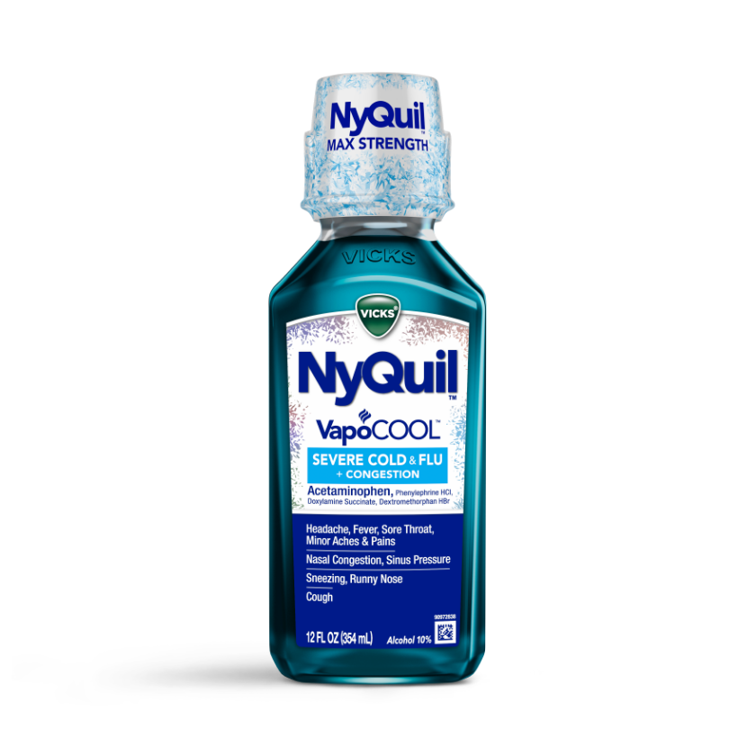 Bottle of Vicks NyQuil VapoCOOL Max Strength Severe Cold & Flu medicine in teal liquid form, 12 fl oz.