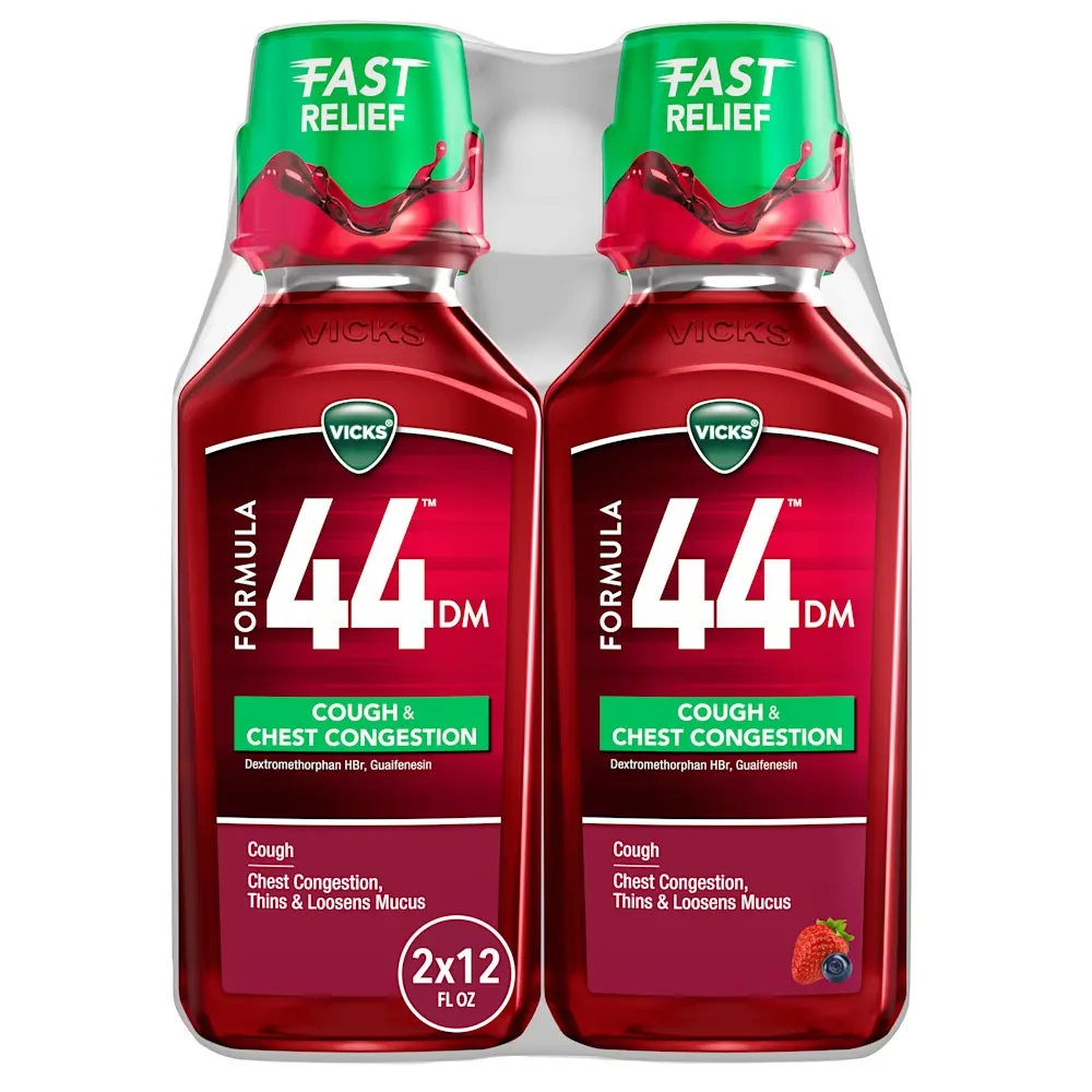 Two bottles of Vicks Formula 44 DM cough and chest congestion medicine with green "Fast Relief" caps, 2x12 fl oz package.