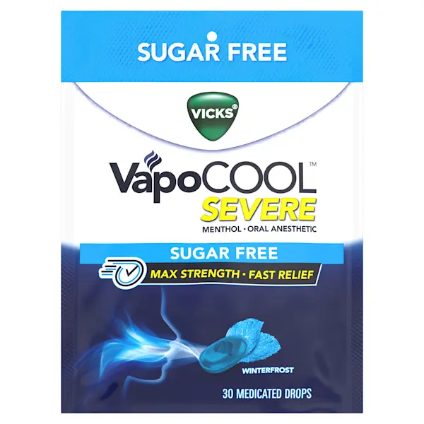 Vicks VapoCOOL Severe sugar-free menthol drops package, featuring Winterfrost flavor with max strength relief, 30 count.