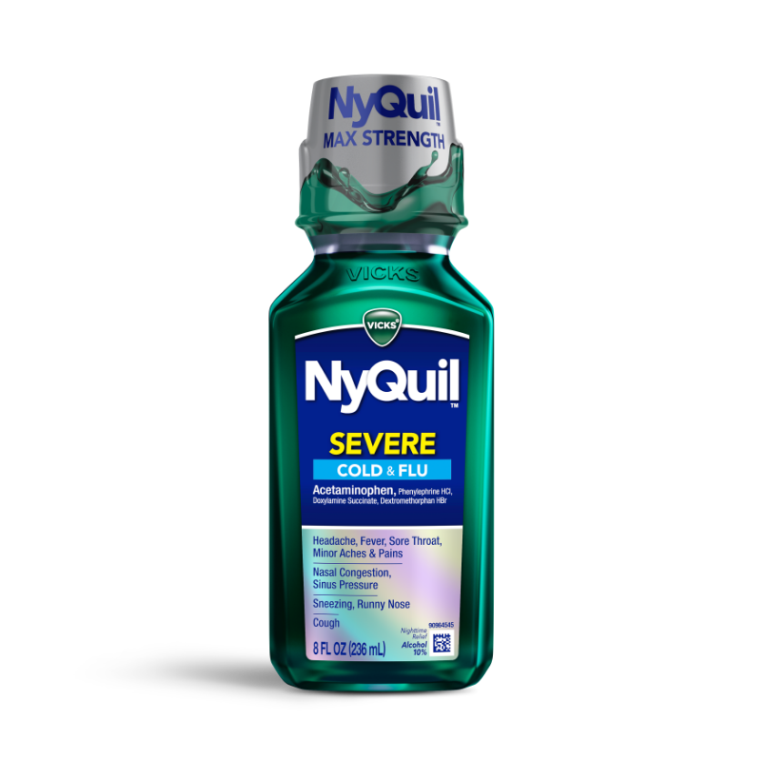 Bottle of Vicks NyQuil Severe Cold & Flu liquid medicine in green packaging with blue label, 8 fl oz size.