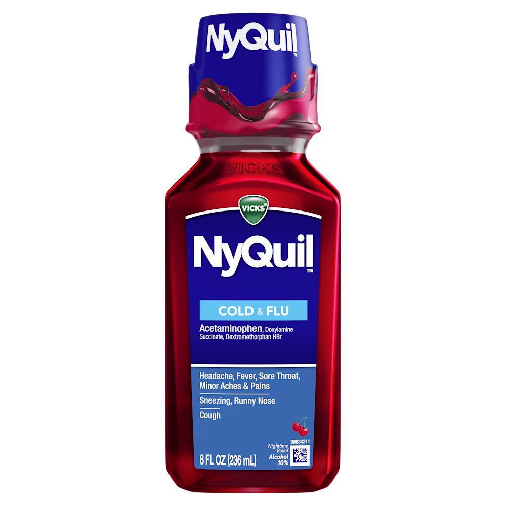 Bottle of Vicks NyQuil Cold & Flu liquid medicine with red liquid and blue cap.