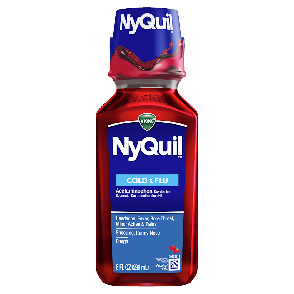 Bottle of Vicks NyQuil Cold & Flu liquid medicine with red liquid and blue cap.