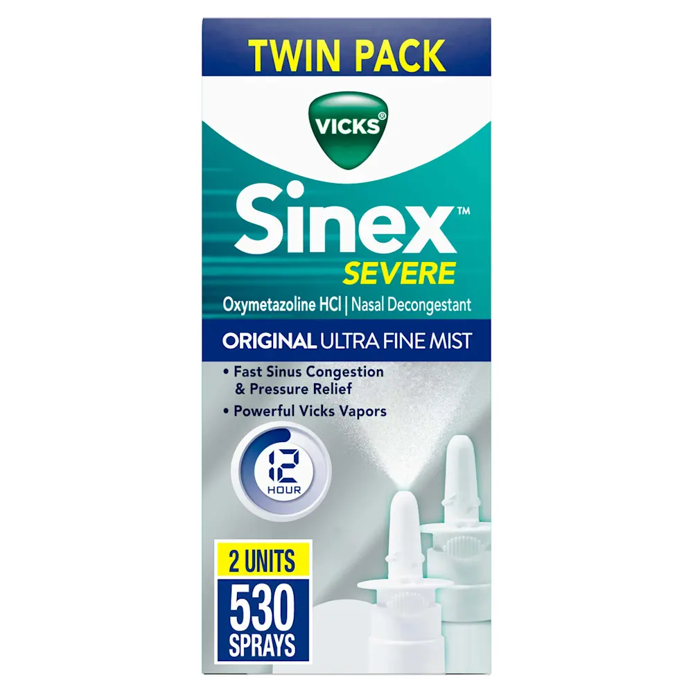 Vicks Sinex Severe nasal decongestant twin pack with original ultra fine mist, 12-hour relief, 2 units, 530 sprays total.