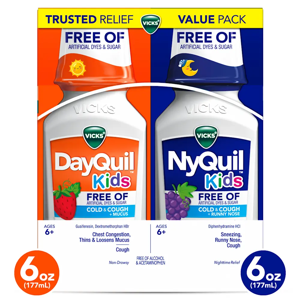 Value pack of Vicks NyQuil Kids free of artificial dyes & sugar cold & cough + runny nose and Vicks DayQuil Kids free of artificial dyes & sugar cold & cough + mucus liquid medicine with "6 OZ 177 ml" in an orange and blue circle at the bottom of the bottle on a white background.