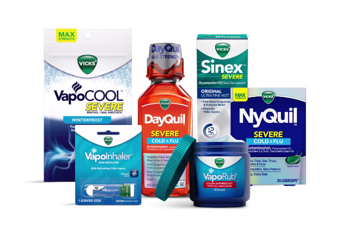 Collection of Vicks cold and flu products including DayQuil, NyQuil, VapoCOOL, Sinex, VapoInhaler, and VapoRub.