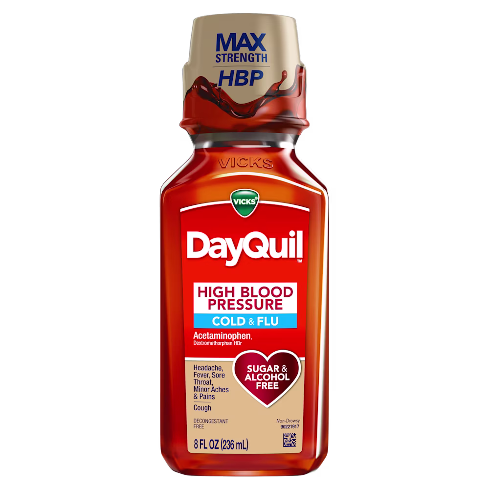 Vicks DayQuil High Blood Pressure Cold & Flu liquid medicine bottle, 8 fl oz, with MAX STRENGTH HBP cap and sugar-free formula.