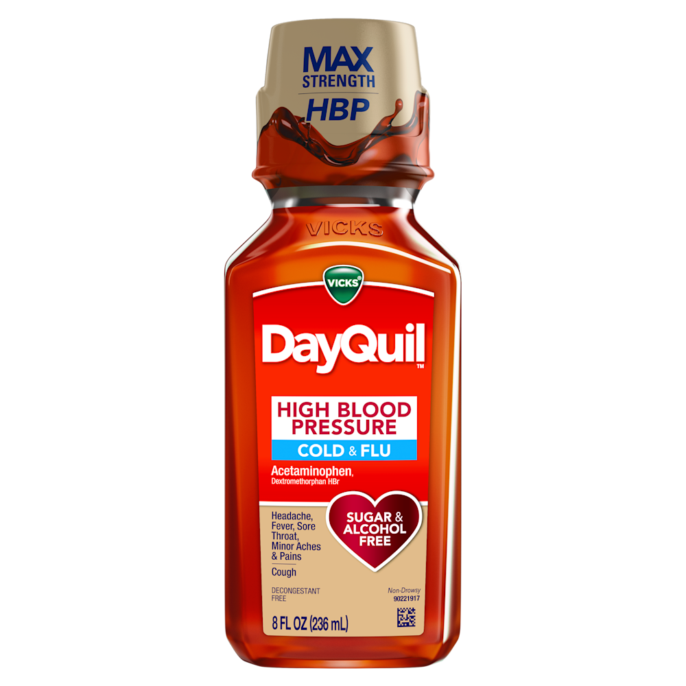 Vicks DayQuil High Blood Pressure Cold & Flu liquid medicine bottle, 8 fl oz, with MAX STRENGTH HBP cap and sugar-free formula.