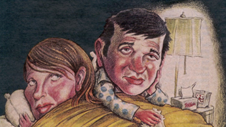 Close-up of illustrated couple embracing in dim room with bedside lamp, showing tired expressions in vintage drawing style.