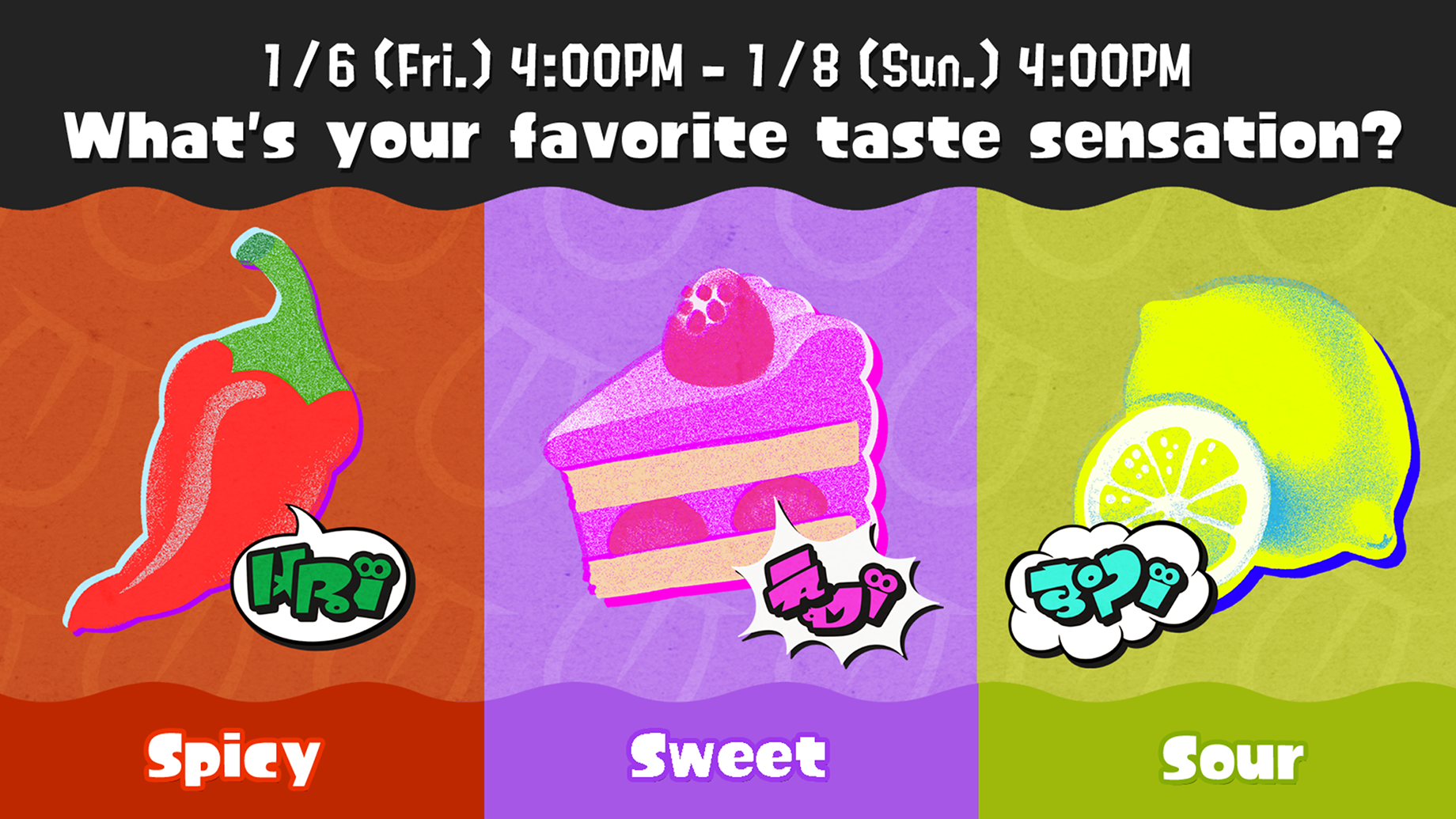 Splatfest signboard: What's your favorite taste sensation? Spicy, Sweet, or Sour?