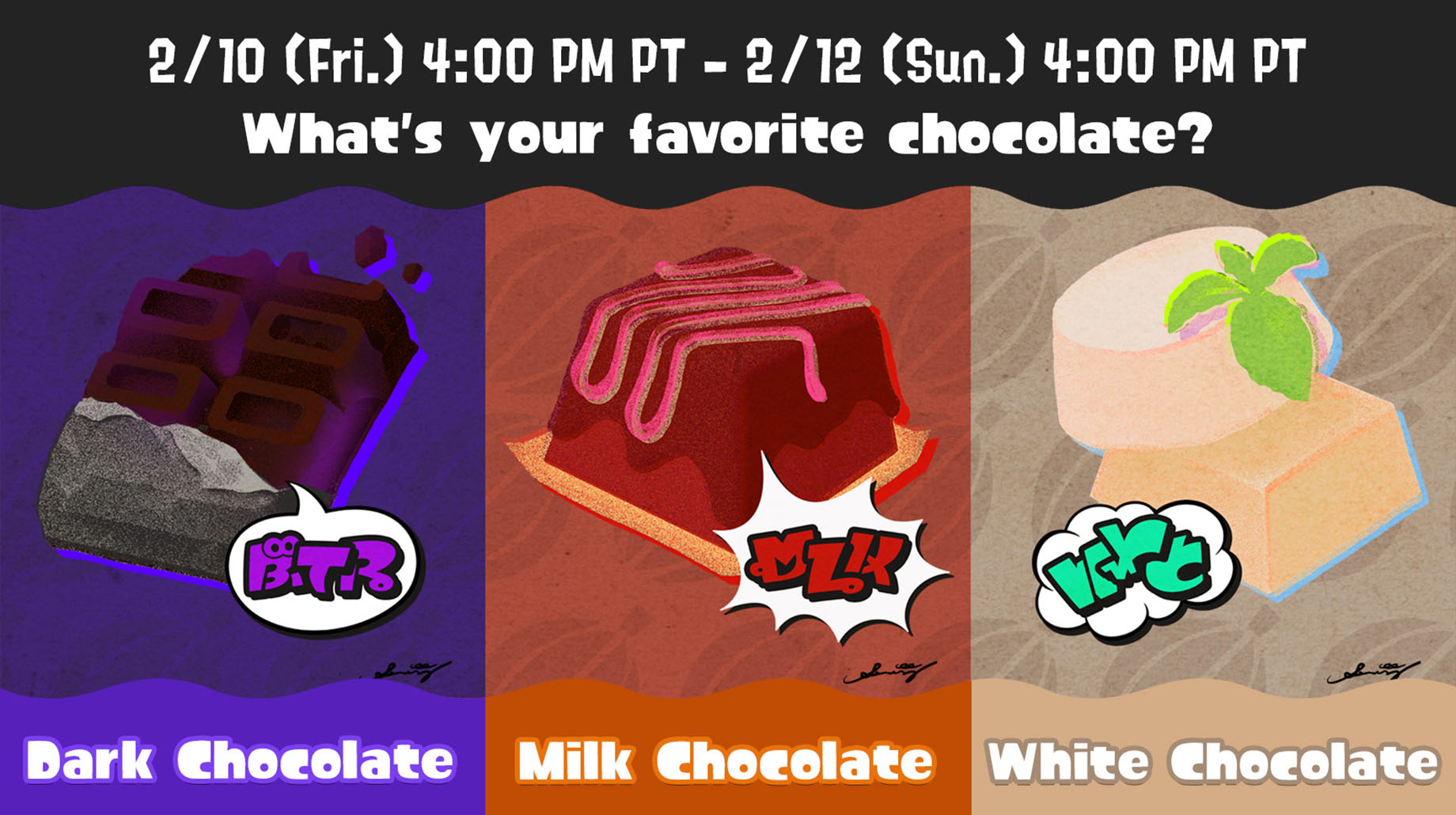 Splatfest signboard: What's your favorite chocolate? Dark chocolate, Milk chocolate, or White chocolate?