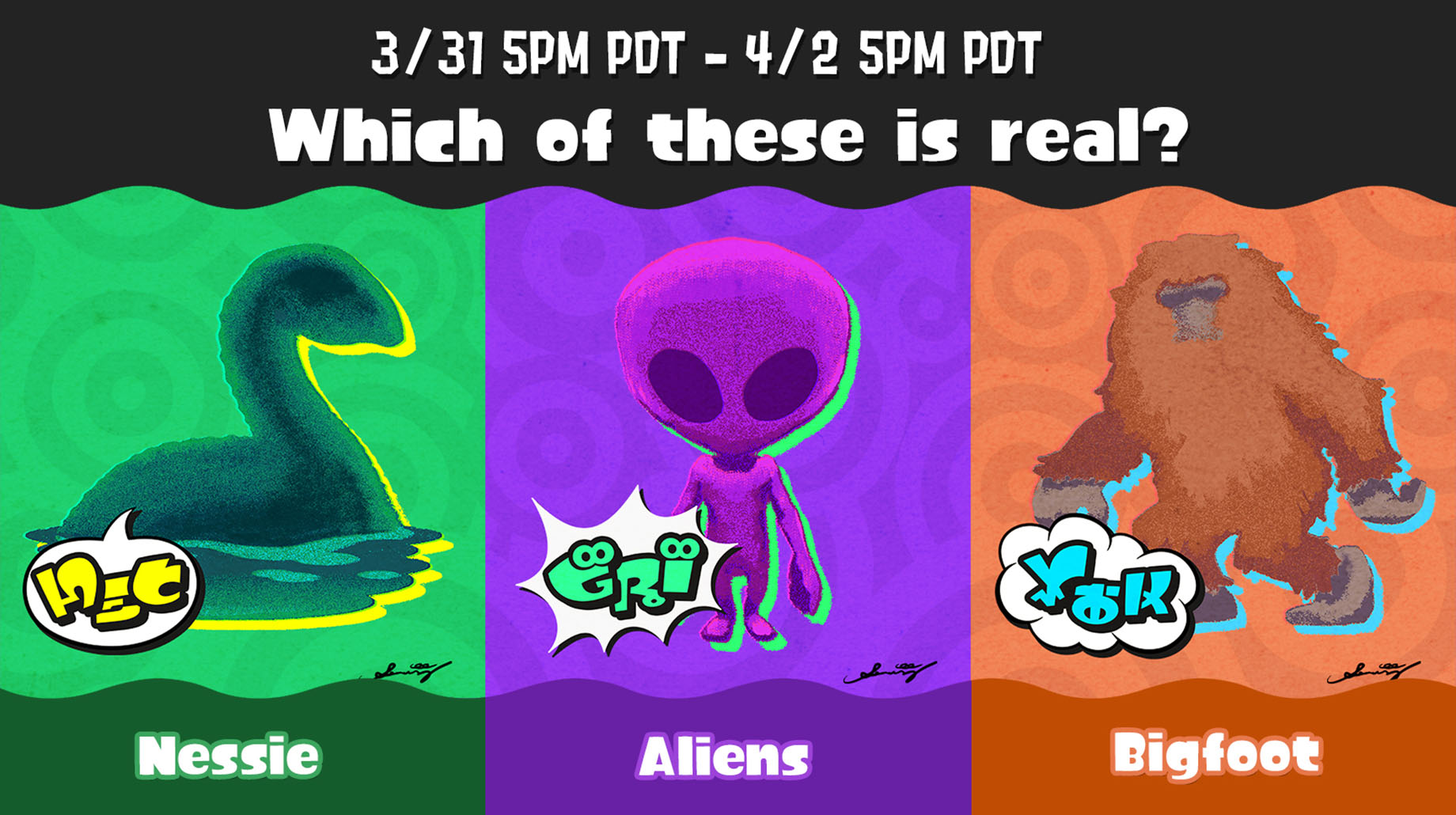 Splatfest signboard: Which of these is real? Nessie, Aliens, or Bigfoot?