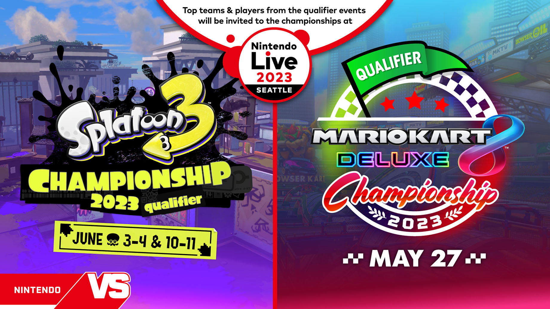 Splatoon 3 Championship and Mario Kart 8 Deluxe Championship logos and dates