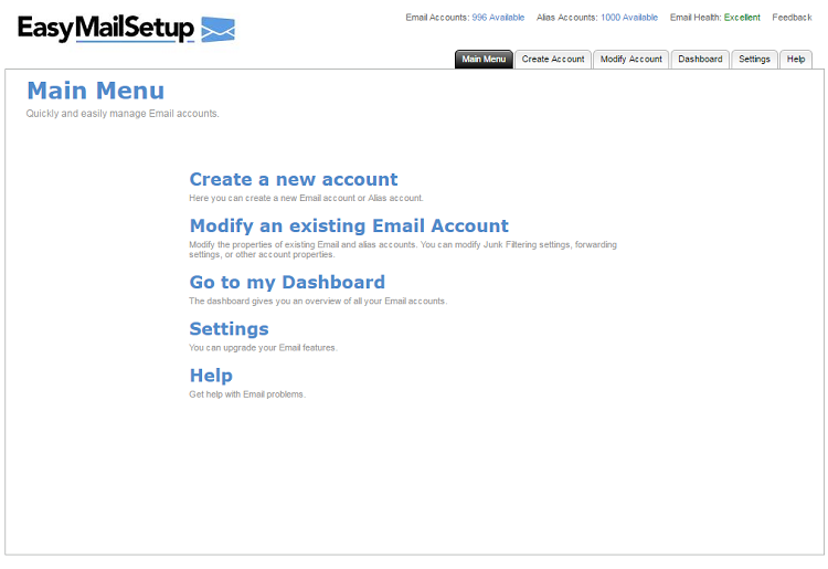Easymail setup main menu