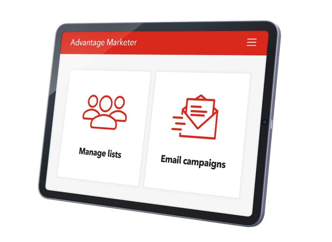 A tablet displays SmartTarget displays customer lists and email campaigns