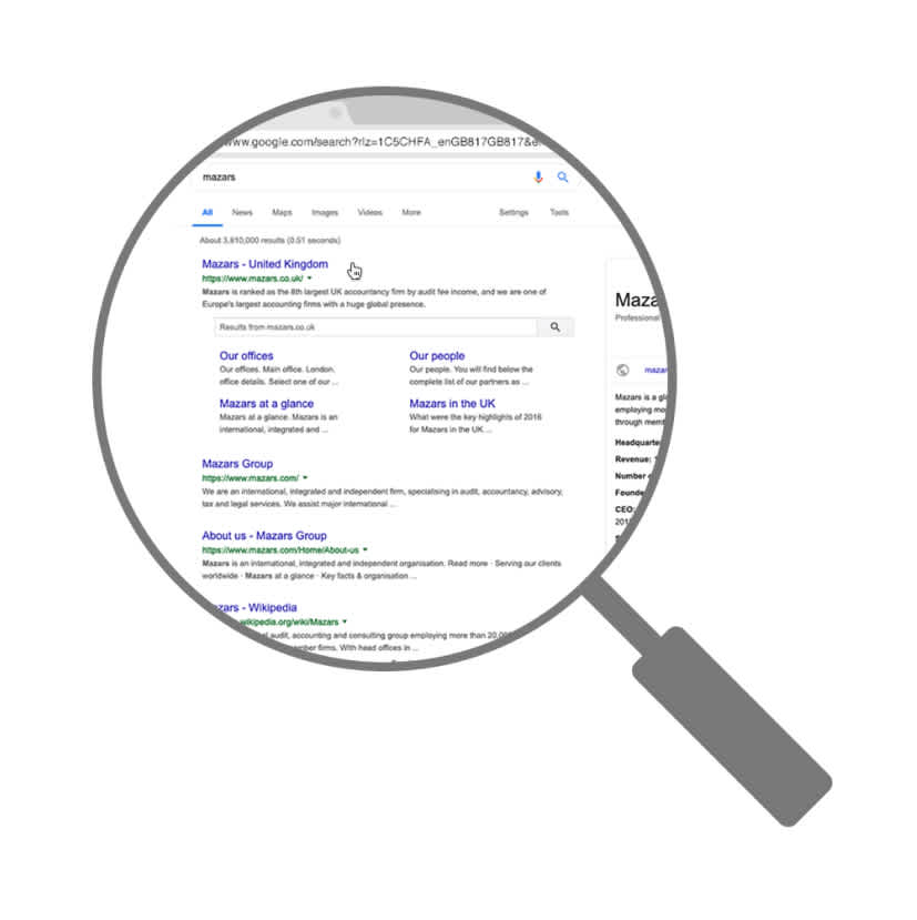 Image of a Google search for Mazars with a magnifying glass 