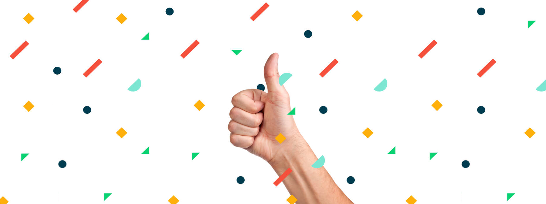 Image of a hand giving a thumbs up gesture while multicoloured shapes rain down 
