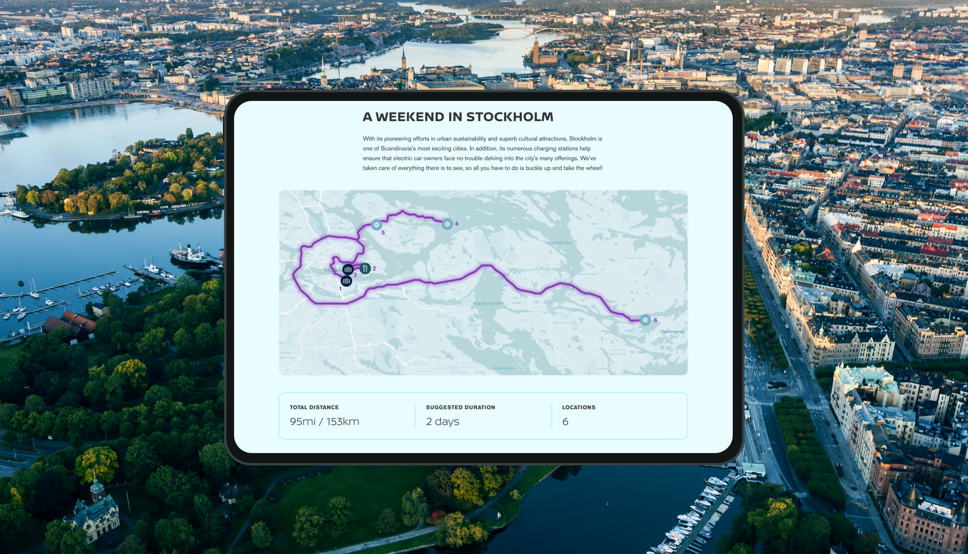An iPad displaying a Stockholm map with a suggested travel guide road trip route planned out. The ipad is sitting on top of an aerial photo of Stockholm