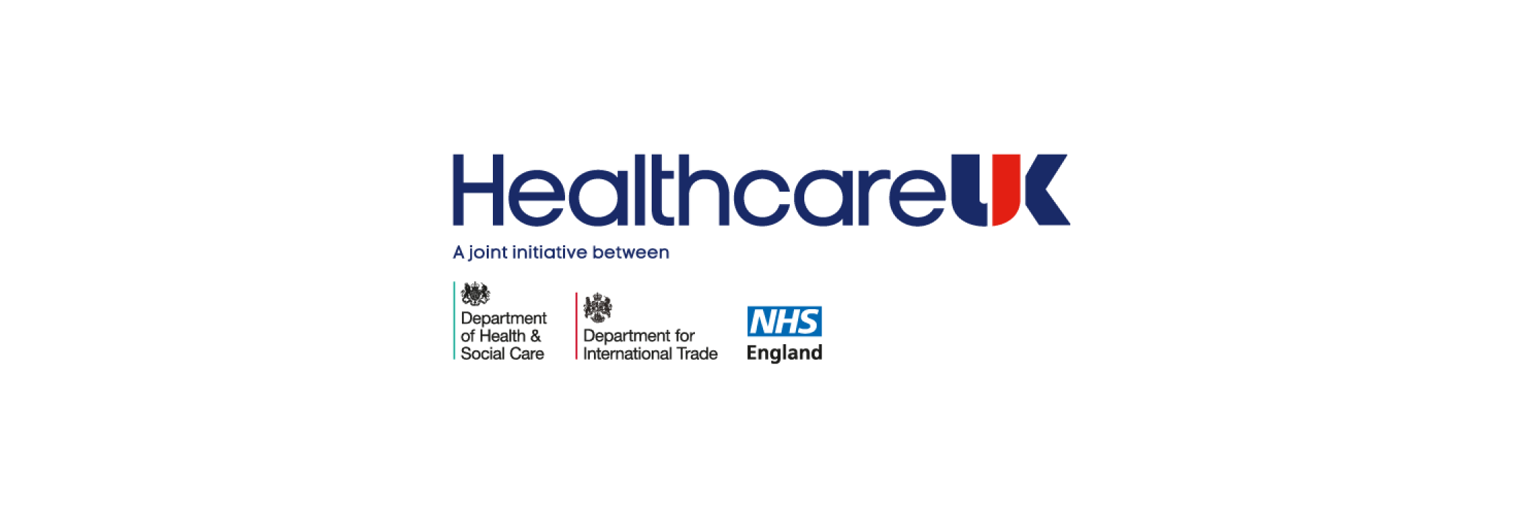 Healthcare uk logo, department of health and social care logo, department of international trade logo and NHS england logo