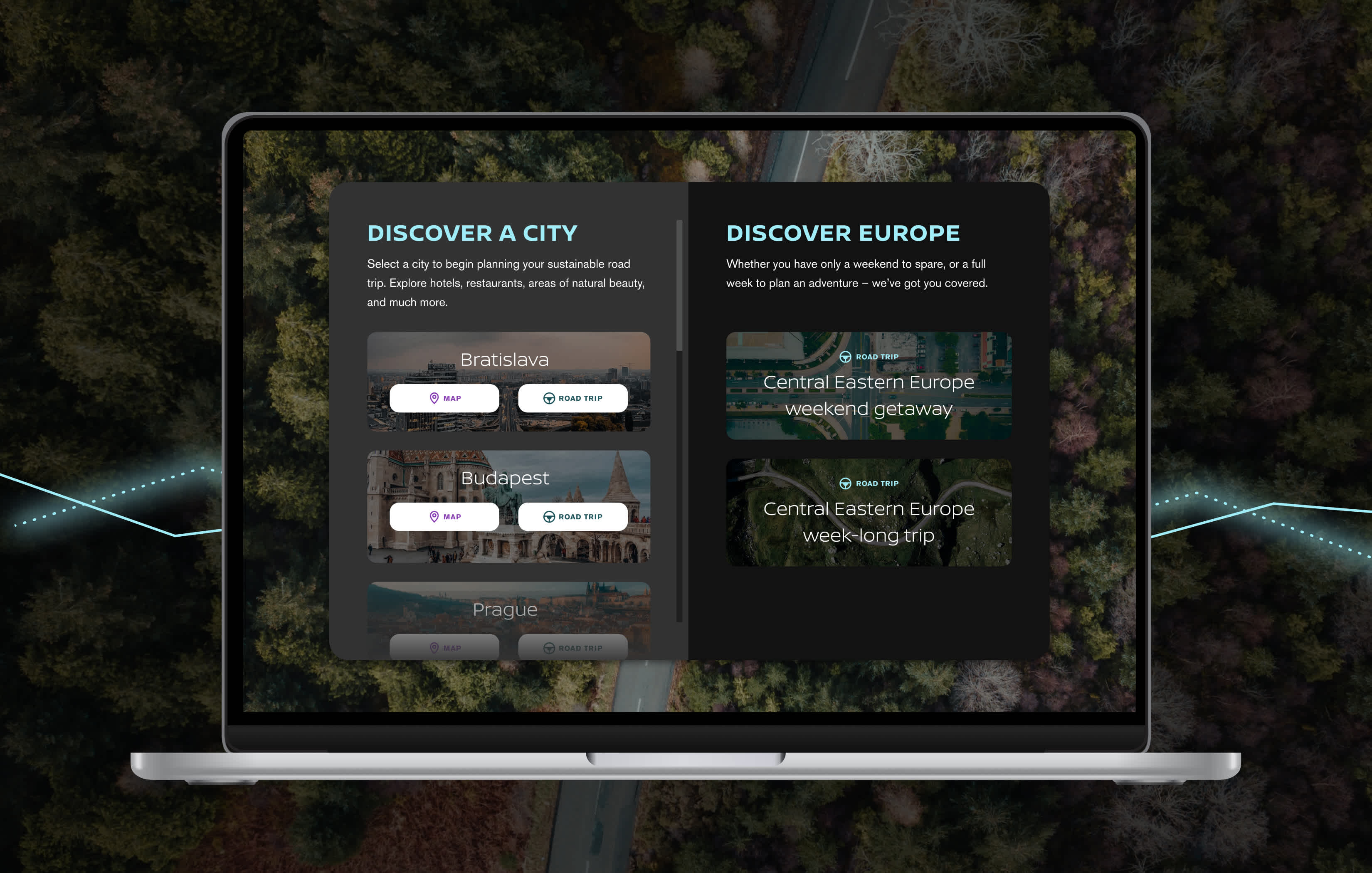 A laptop displaying the welcome screen on the travel guide where users can select a city