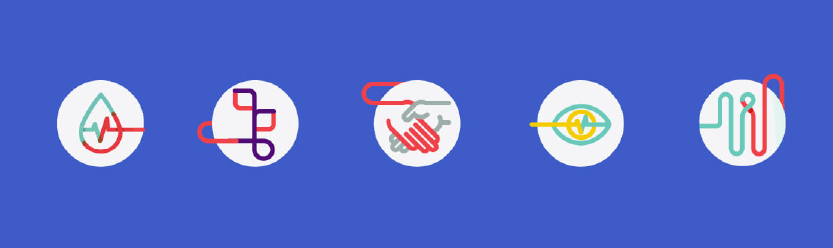 Icons depicting a blood drip, a plant, a handshake, an eye, and an IV. All in the brand style.