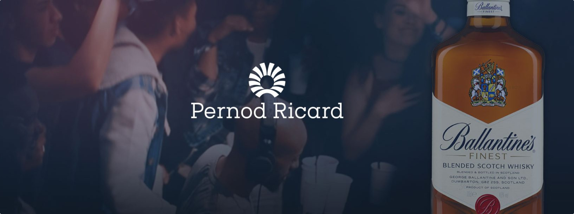 Pernod Ricard logo and bottle of Ballentine's Scotch whisky on an image background of people at a club 