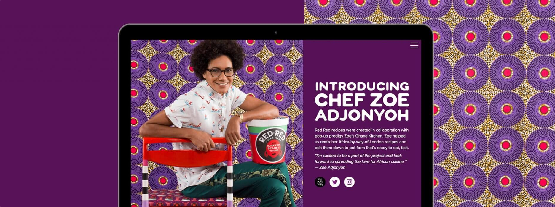 Image of the Red Red website on a laptop, the page is introducing chef Zoe. The laptop sits on a vibrant, patterned, purple background 