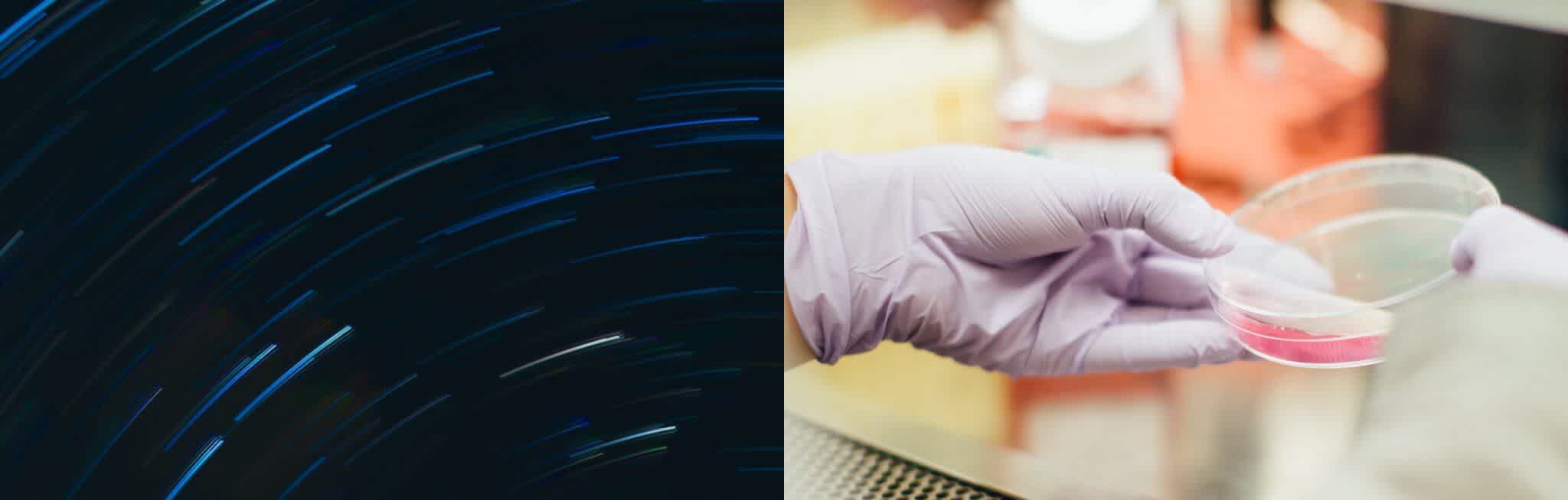 Photography illustrating the JAC brand style. On the left there is a timelapse image of a starry night sky and on the right is an image of someone handling a petri dish in a lab