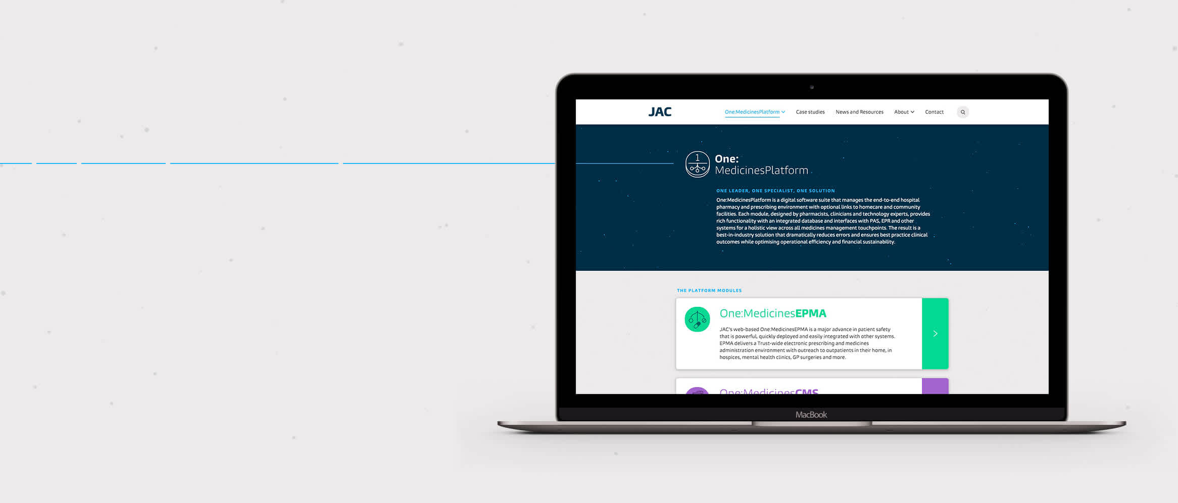 JAC website mockup of the 'One: Medicines Platform' page in a laptop