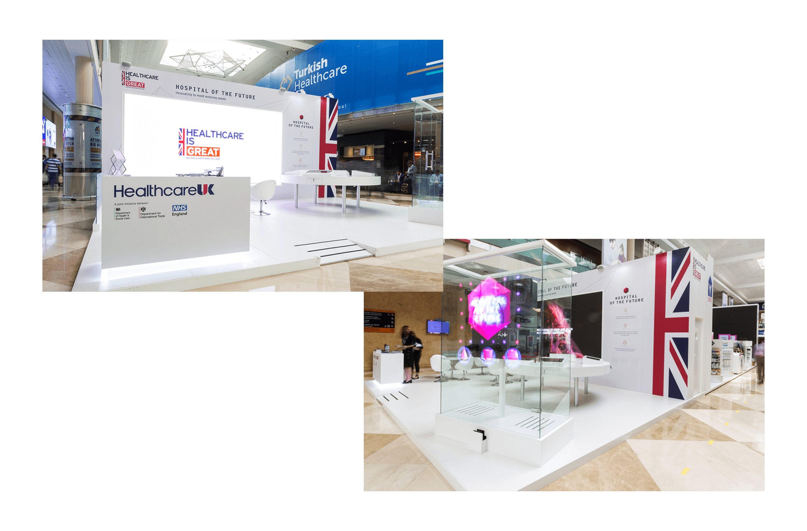 photos of the event stand in situ showcasing a bright screen and the hologram in action