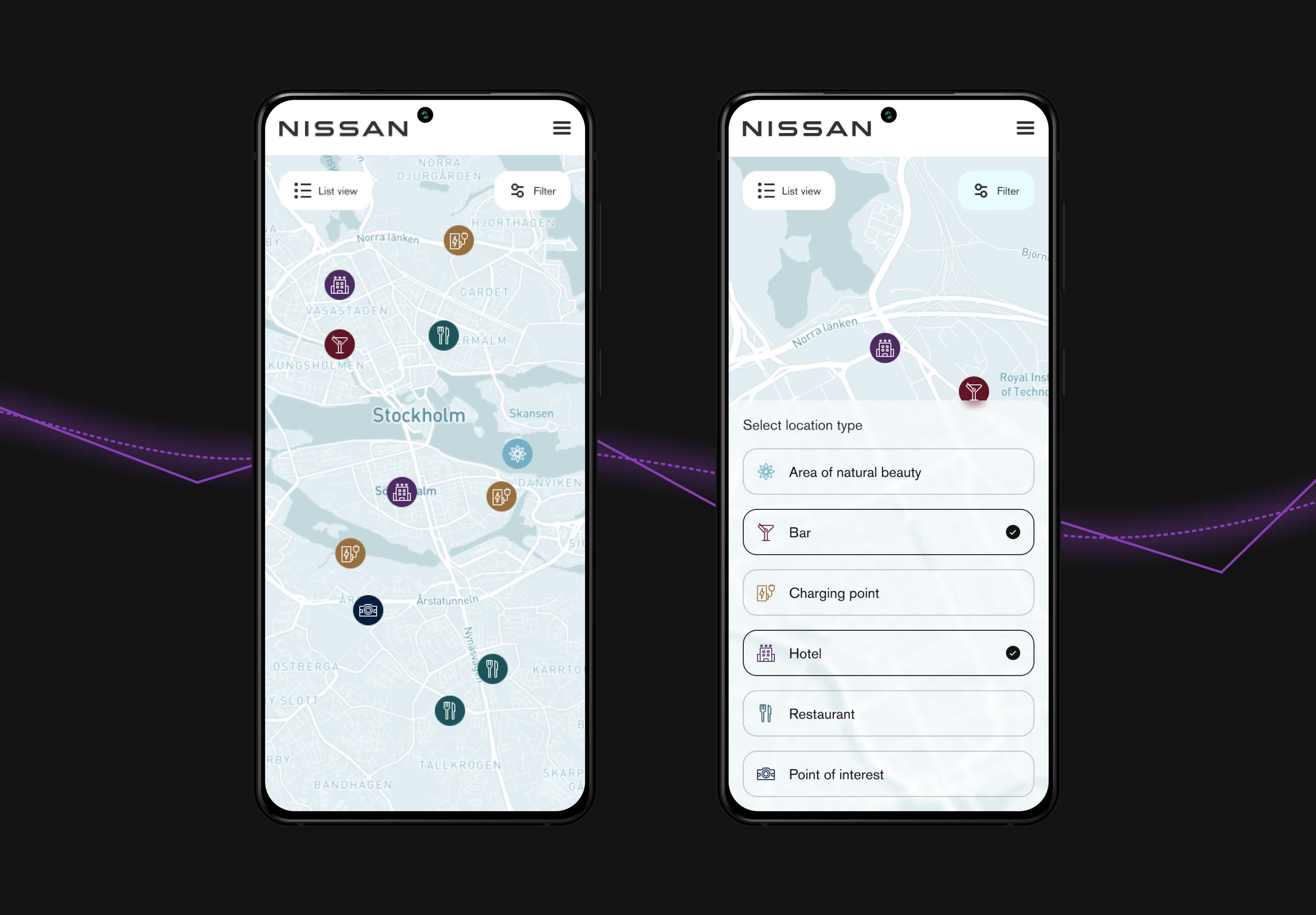 the nissan travel guide map view in 2 mobile devices, one has all of the different types of map pins in view and the other has the filter menu open