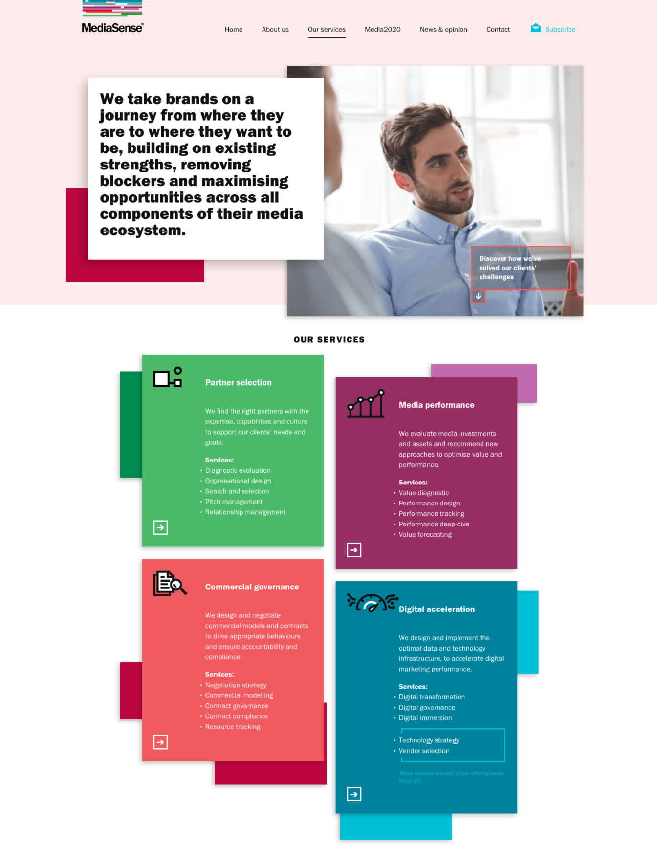 Image of the 'Our services' page from the MediaSense website design. The page depicts a header image of a man with some leading text next to it. Under that are 4 services split into 4 coloured squares with an icon representing each and bullet points summing them up.