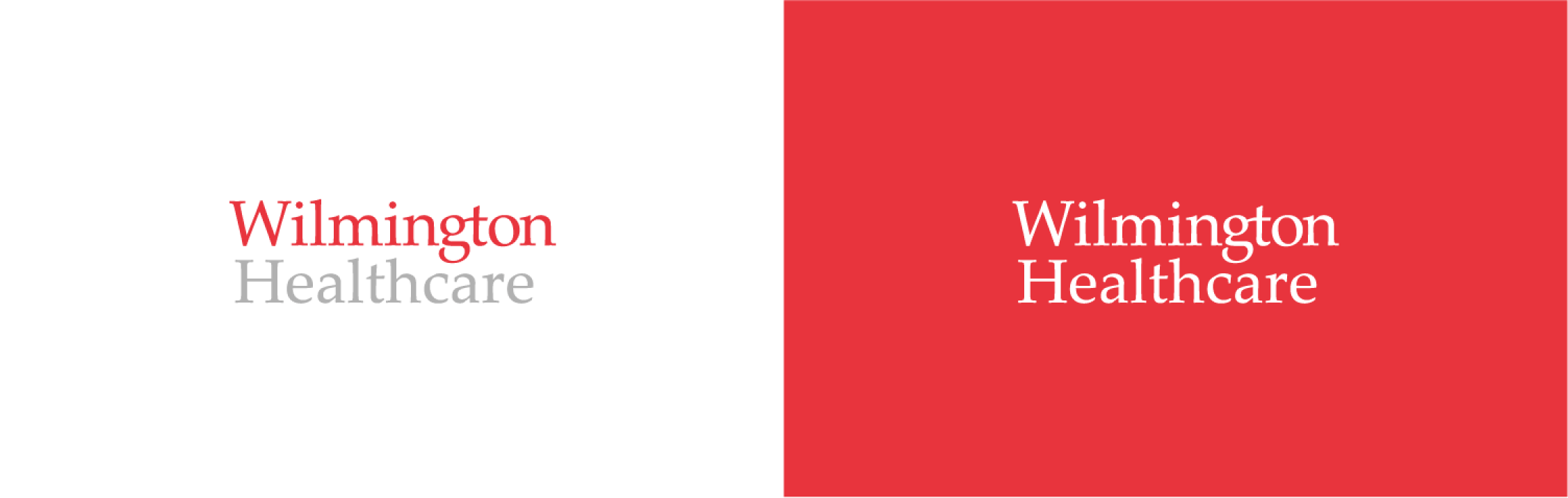 Wilmington Healthcare logo on white and a negative version on a red background