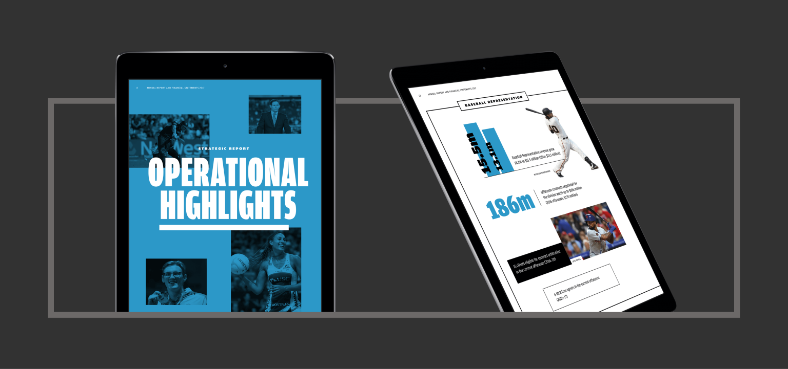 2 ipads detailing a cover of the annual report and a segment of the highlights area