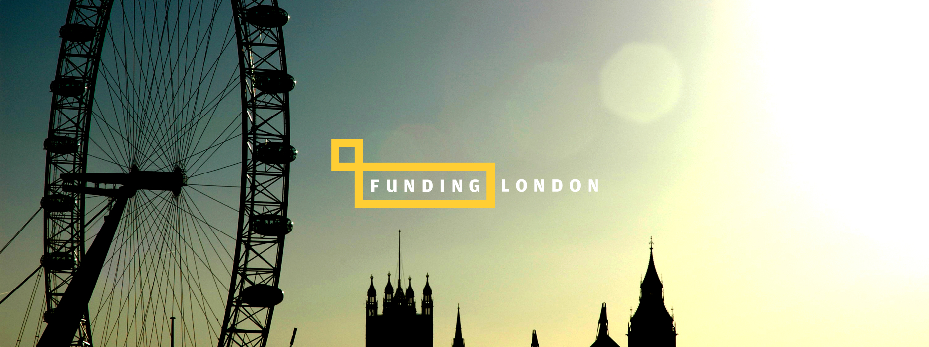 Funding London logo overlayed on a photograph of the London skyline where the London Eye is the dominant feature