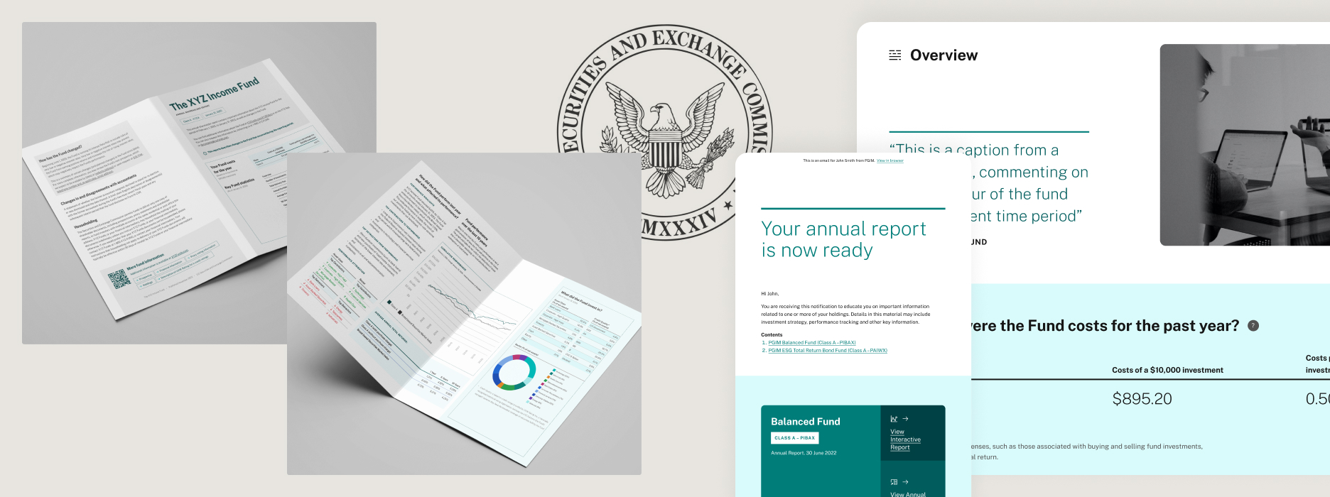 Collage style image of the mockups created to showcase the designs for the printed Tailored Shareholder Report as well as the responsive website. The SEC logo also features in the background of the image.