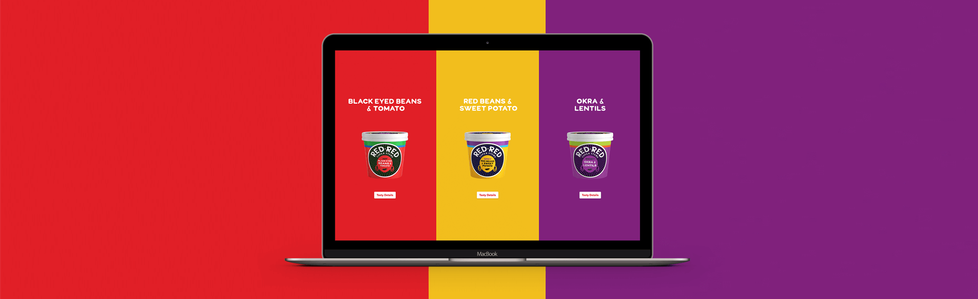 Laptop mockup of the three Red Red flavour variants, each on their own vivid colour background - red, yellow and purple