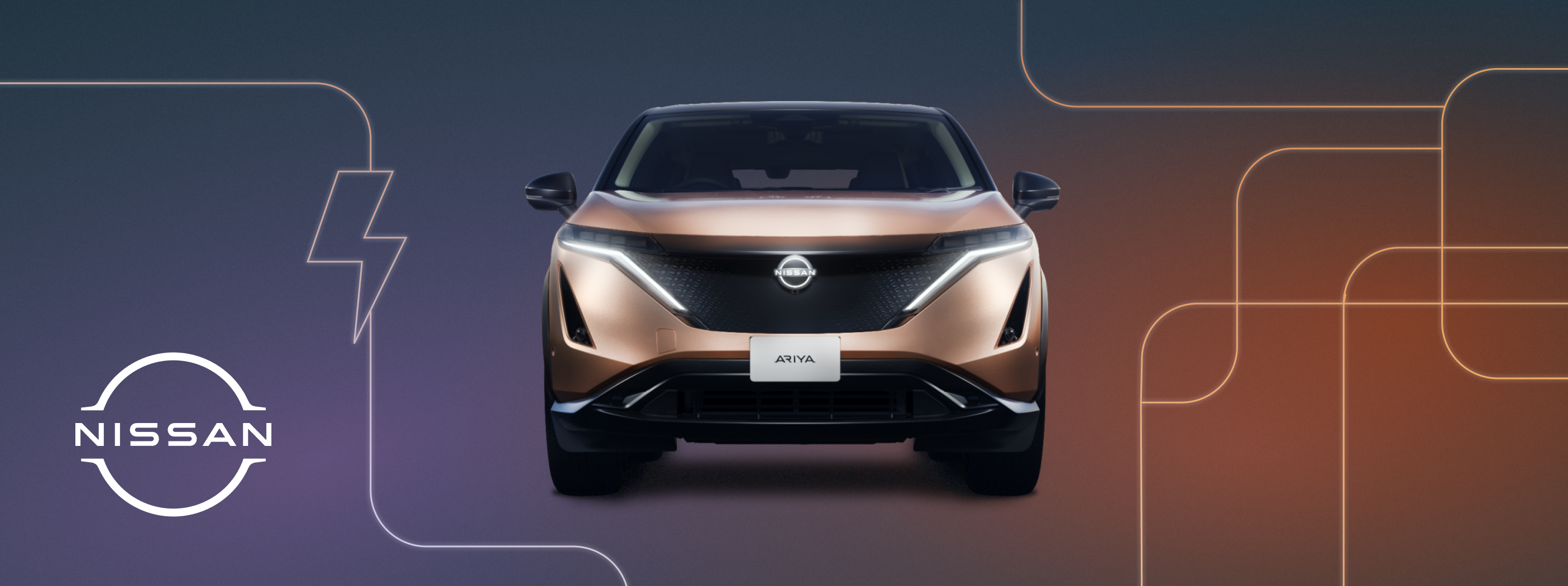 isolated photo of a copper nissan ariya on a stylised background with the nissan logo to the side