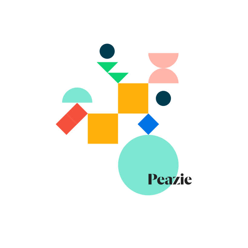 Illustration representing the brand created for Peazie - colourful geometric shapes surround the logo