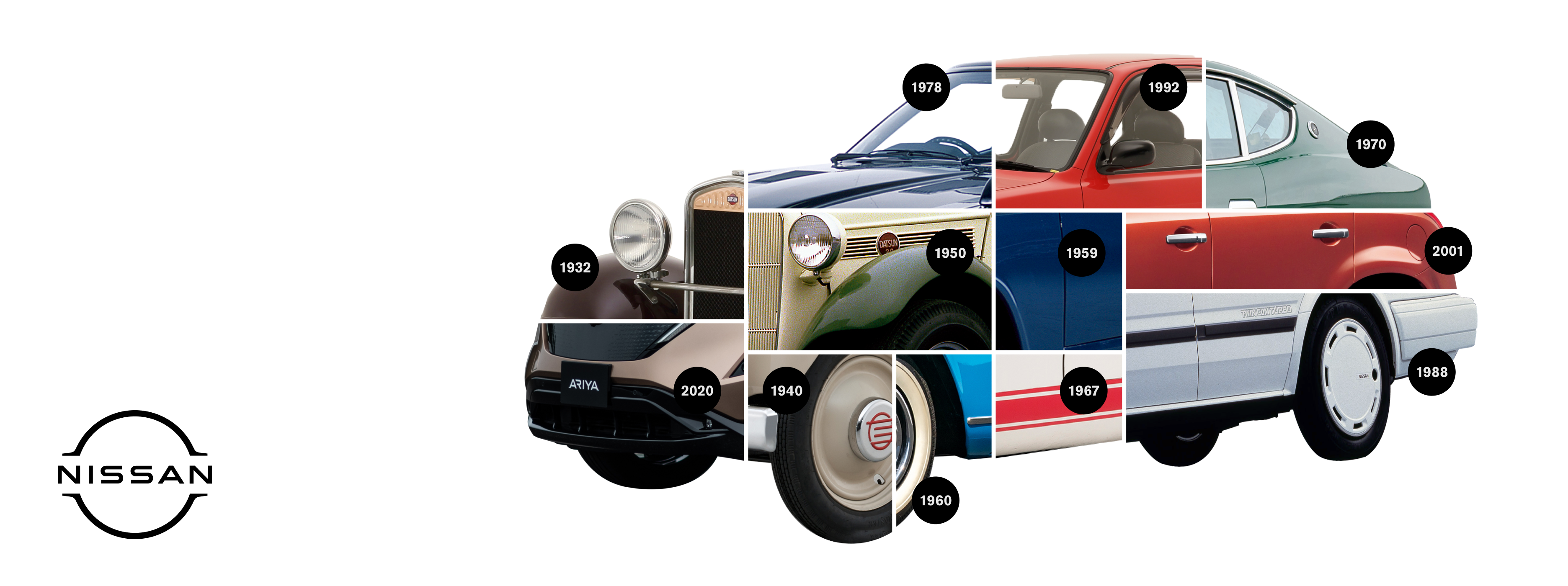 A collage of a car made up of puzzle pieces of other Nissan cars through the ages
