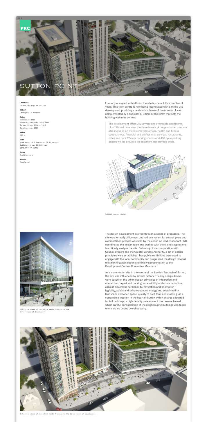 A case study page from the prc website showing a completed site with architectural supporting imagery and drawings. 