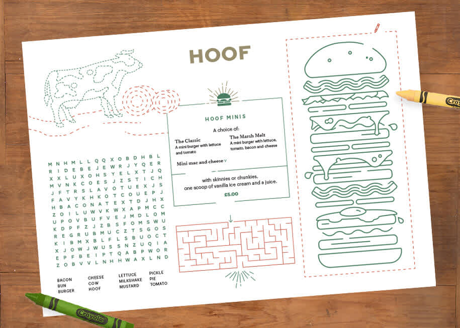 Mockup of the Hoof children's menu showcasing how the illustrations can be coloured in 
