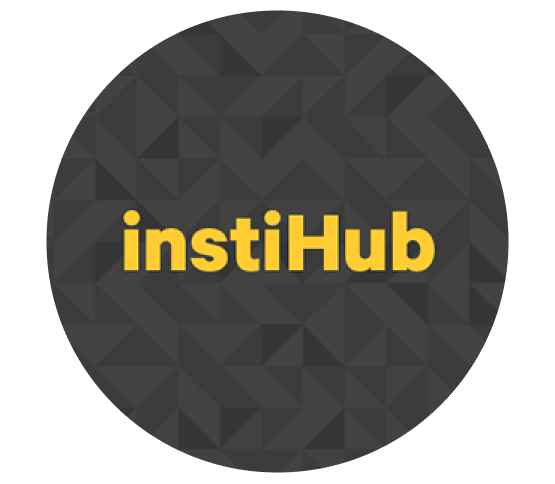 instihub logo in yellow on a black geometric textured background made of small triangles