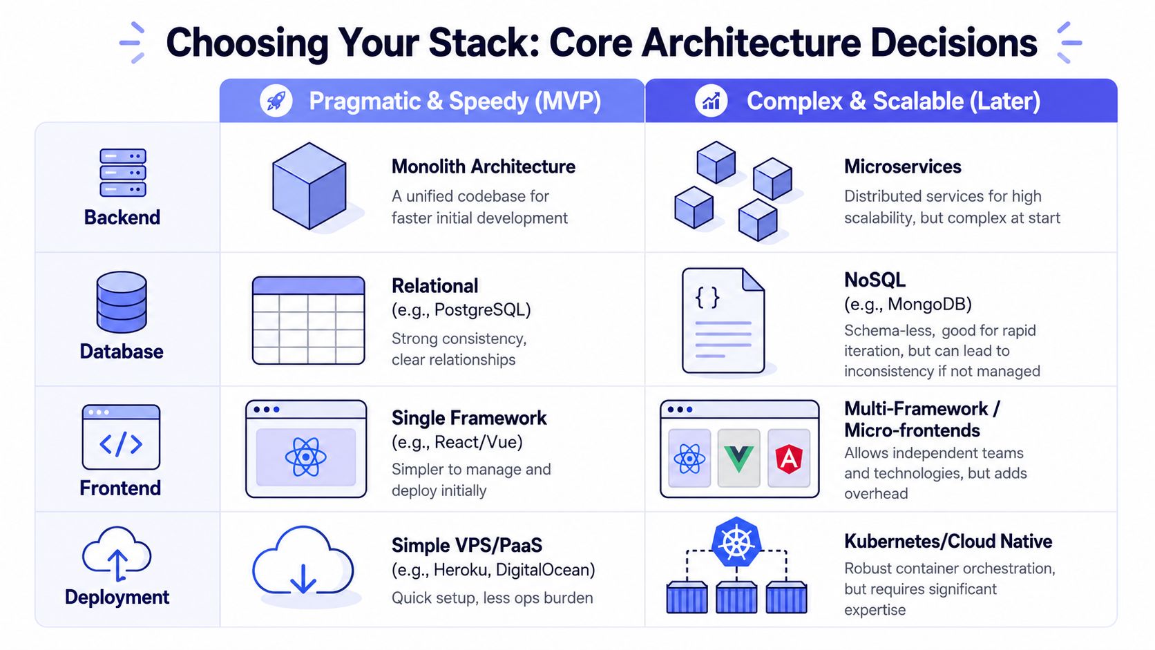 A comparison chart showing technical architectural choices for building a scalable software application from MVP to mature stage.