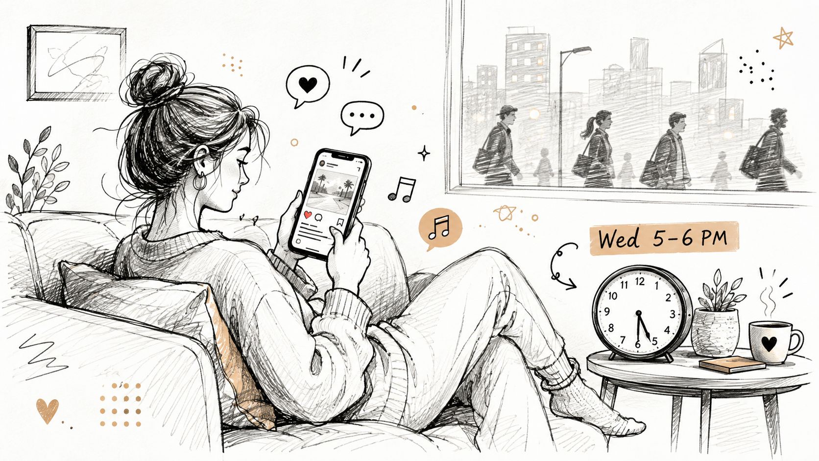 A woman relaxing on a sofa looking at her phone, reflecting optimal engagement time on social media.