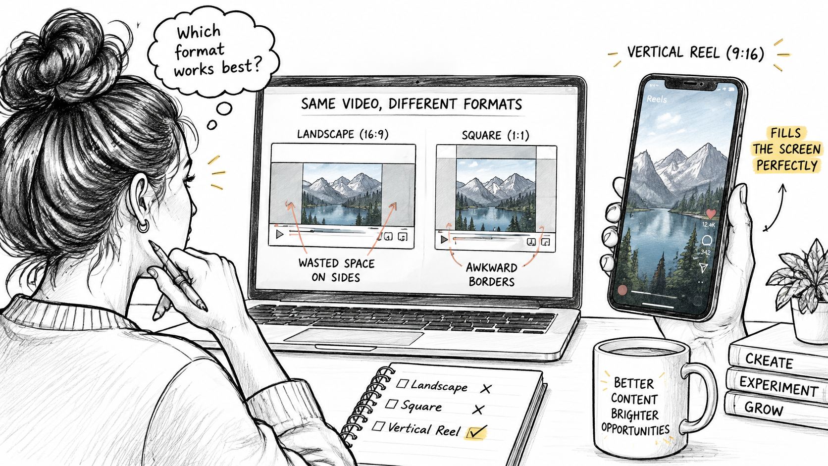 A person sketching to decide between landscape, square, and vertical video formats for optimal screen engagement.