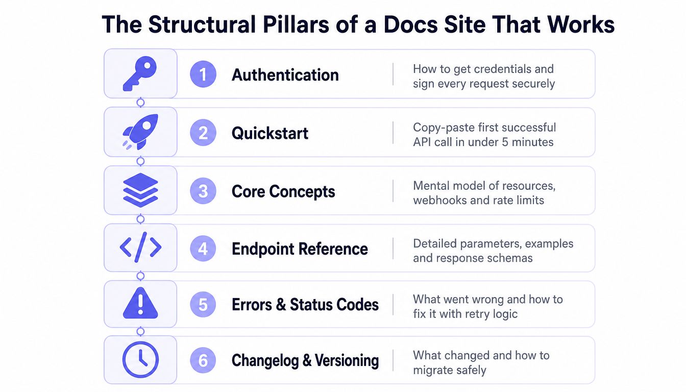 A diagram outlining the six essential pillars for building effective and user-friendly API documentation websites.