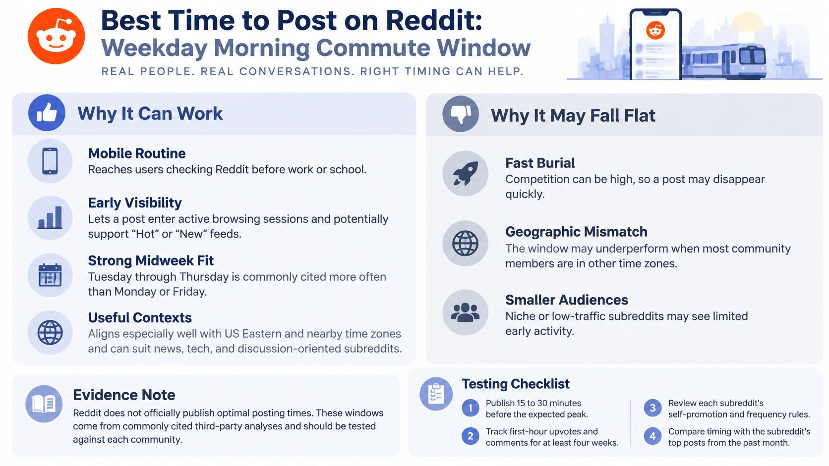 An infographic titled Best Time to Post on Reddit showing pros, cons, and tips for the weekday morning window.