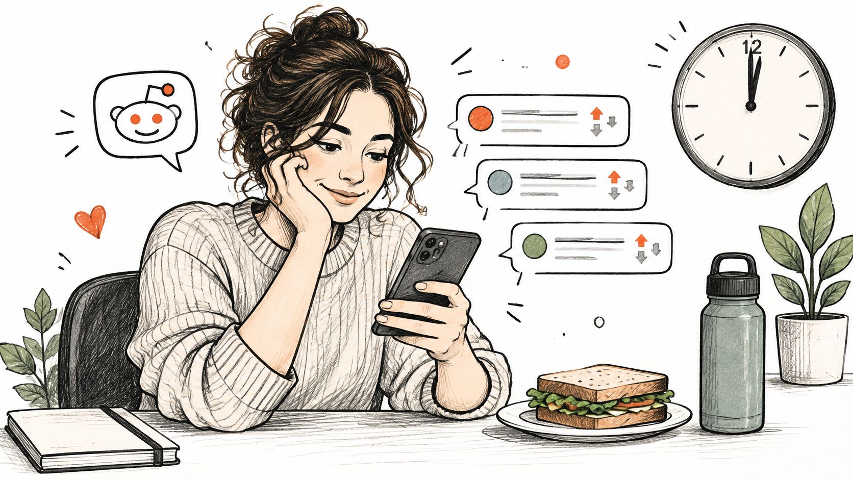 A girl sitting at a desk checking her phone with Reddit notifications, lunch, and a clock nearby.