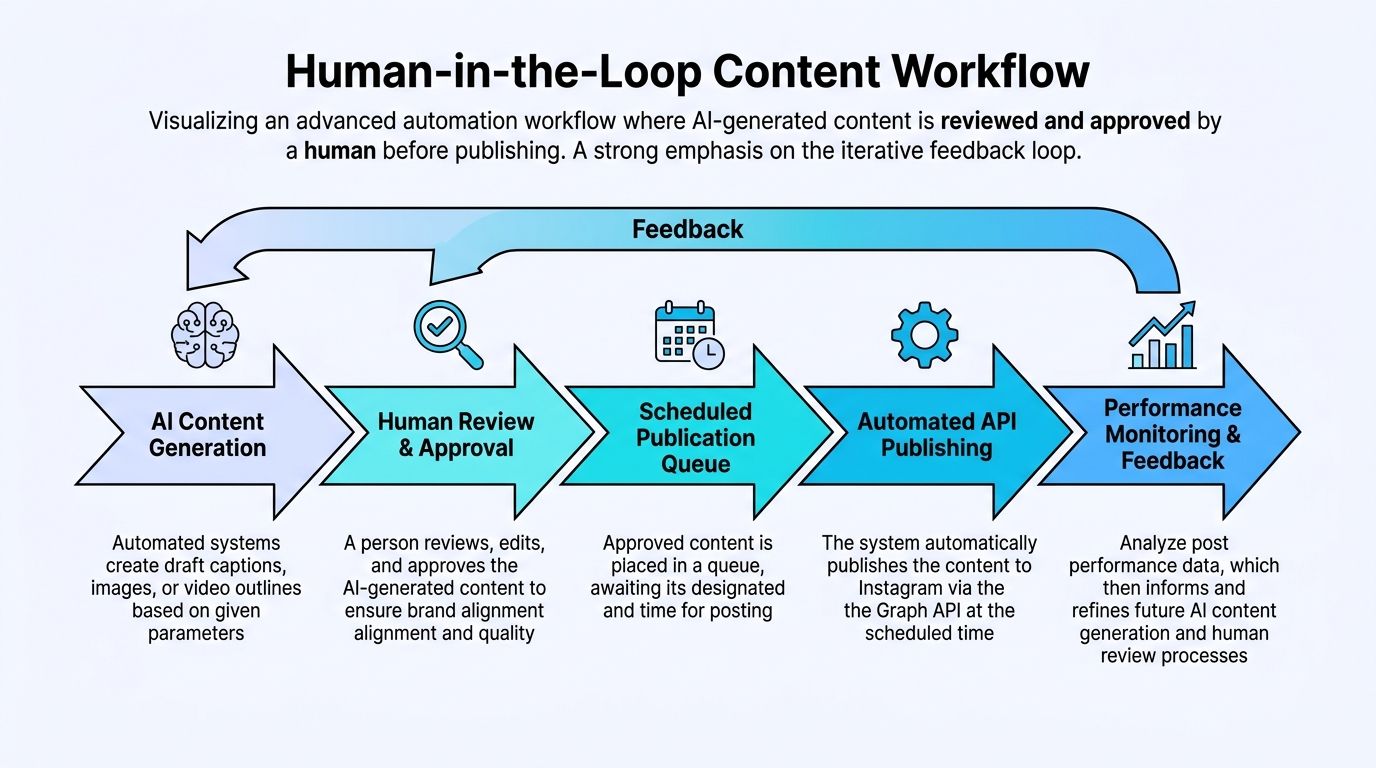 A diagram illustrating a human-in-the-loop content workflow for automated Instagram publishing and performance analysis.